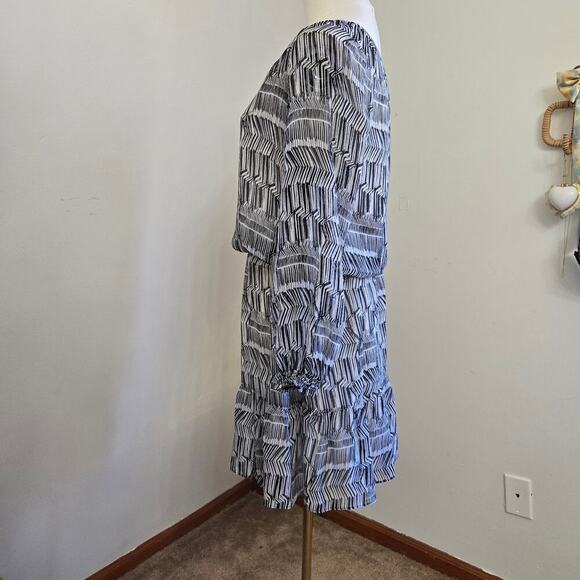 Shoshanna Womens Silk Dress Size 0 Peasant Ruffle Hem Puff Sleeve Black & White - Picture 3 of 11